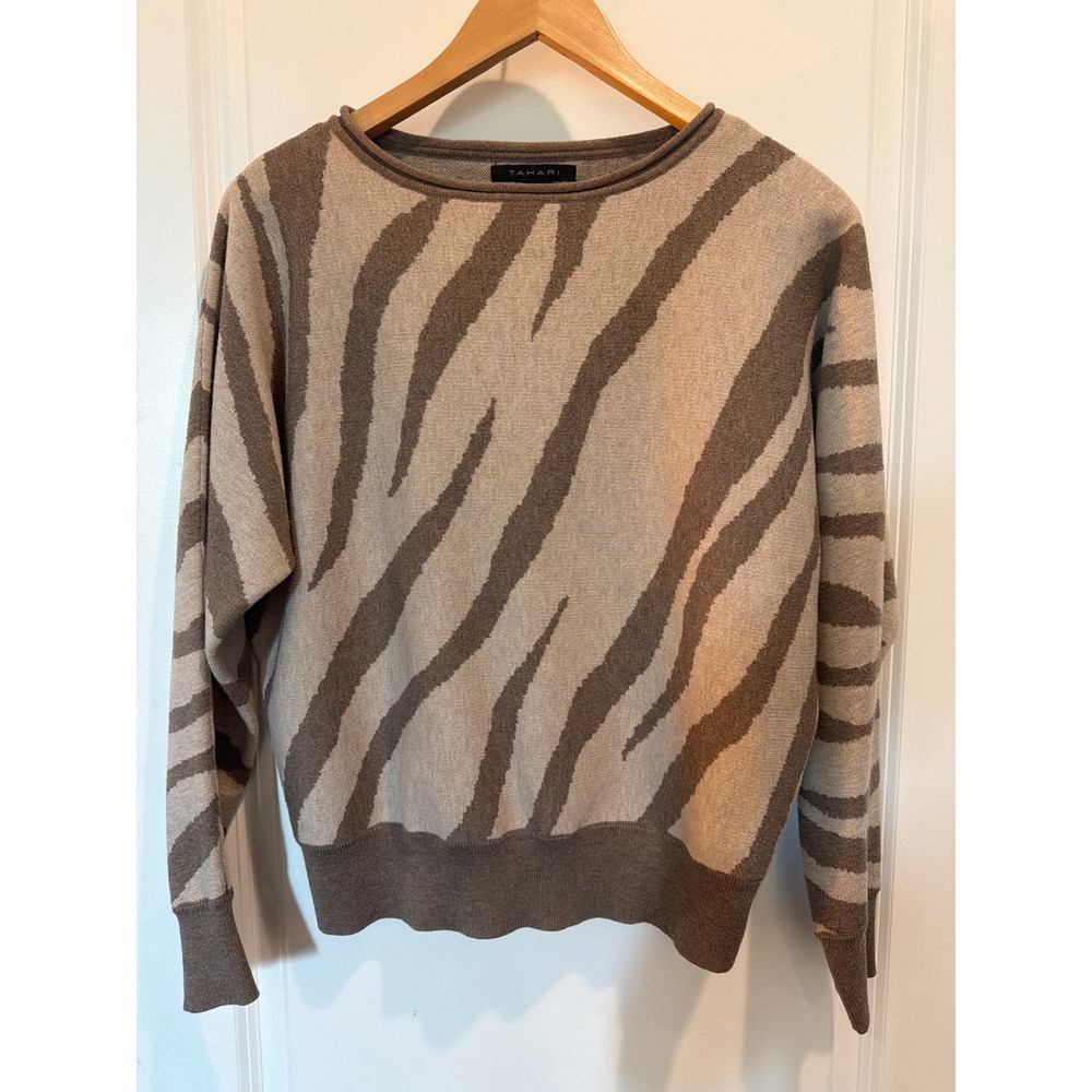 Tahari Womens Zebra Animal Print Knit Sweater Tan Brown Size Large